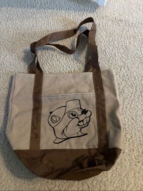 Canvas Tote with Playful Beaver Graphic - Tan & Brown